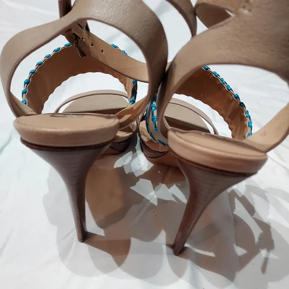 Joe's Strappy 5" Leather Heels, Turquoise Stitching, size 9.5 - Picture 4 of 6